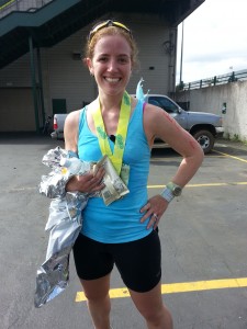 Pretty happy here, obvs. That nice wet spot down the front of my shirt? Had a run-in with an aid station volunteer and another runner. Most of that cup's water is all over me.