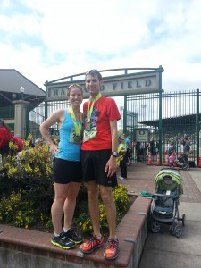 Happy for our PRs; where we're standing is just to the left of the last 150m of the half and full marathon