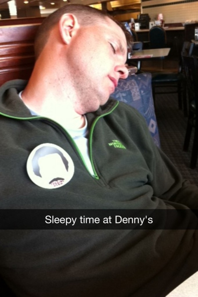 Poor Justin. At a Denny's in Gurnee between legs 3 & 4, I think