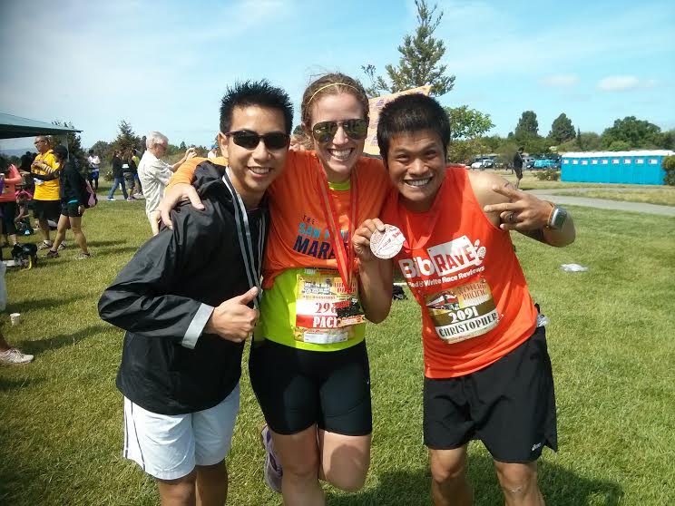 with Albert (left) and Chris post-Chris' marathon. Very fun to finally meet Albert, another TSFM ambassador and RA member, who had just crushed the AR50 miler in early April, and to celebrate Chris' marathon completion and OA/AG placement post-race. Clearly, we are all business.