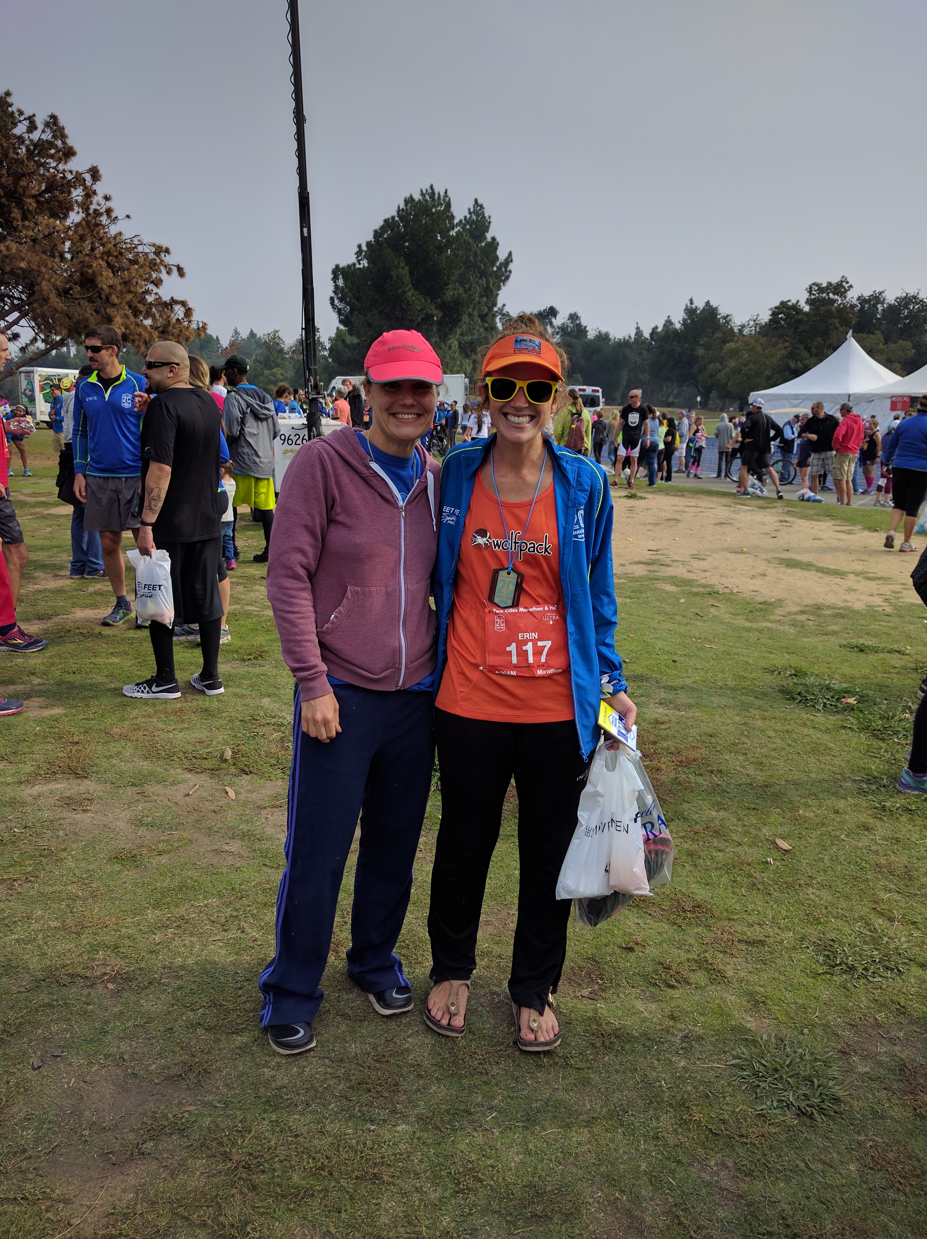 with Meredith, and I wasted no time in putting on comfy pants (my throwback ING NYCM pants!) and Birkenstocks (the jacket I'm wearing is the finisher's jacket for the marathoners)